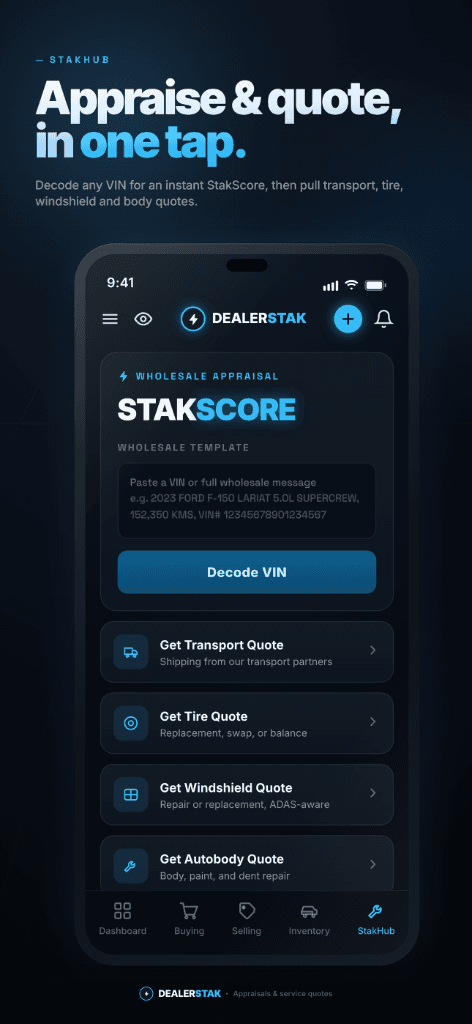 DealerStak mobile app — Appraise & quote, in one tap.