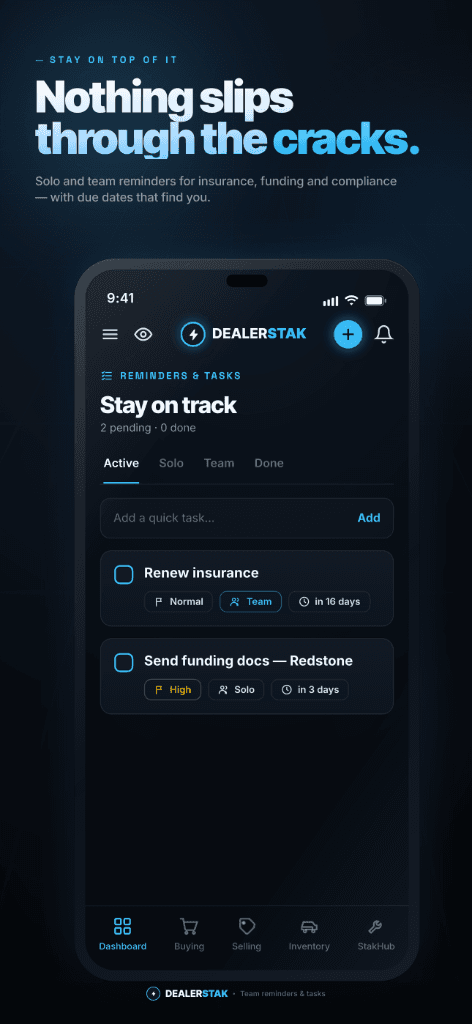 DealerStak mobile app — Nothing slips through the cracks.