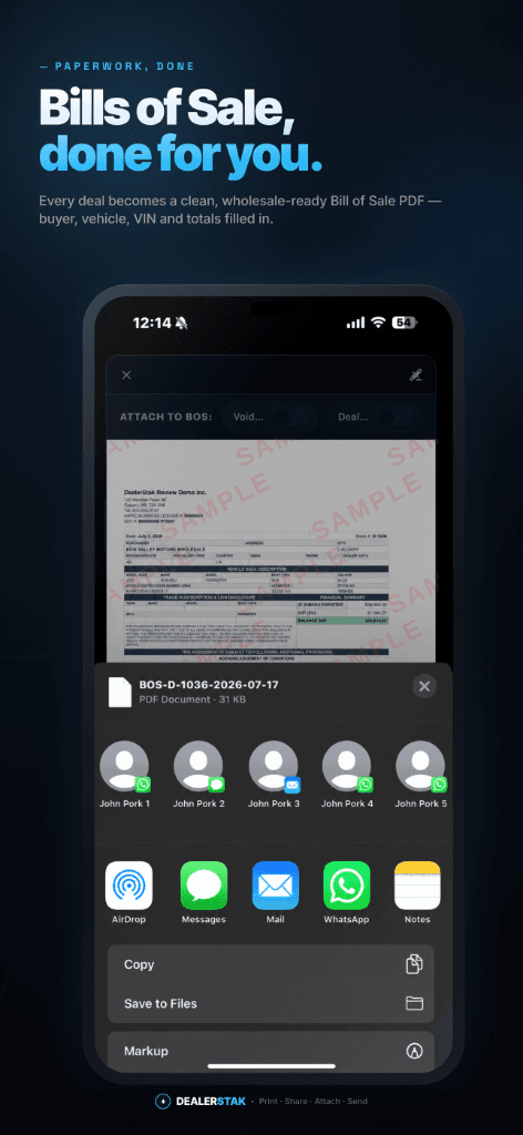 DealerStak mobile app — Bills of Sale, done for you.